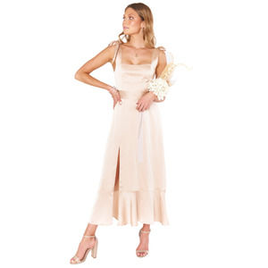 Show Me Your Mumu Claire Midi Dress in Champagne Luxe Satin Large Fully Lined